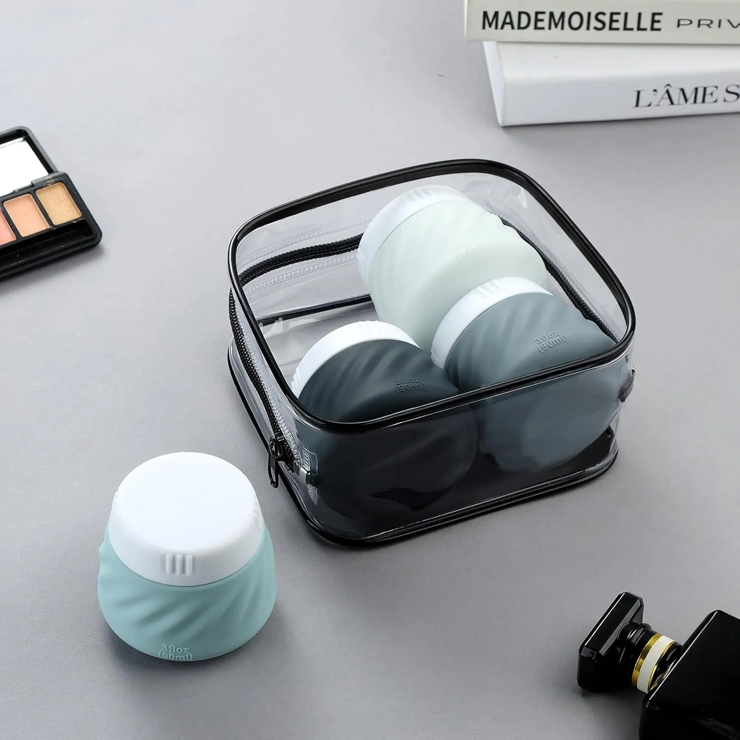 Gemice Travel Containers for Toiletries, Silicone Cream Jars TSA Approved Travel Size Containers with Clear Bag, Leak-proof Travel Accessories with Lid for Cosmetic Face Body Hand Cream (4 Pack)