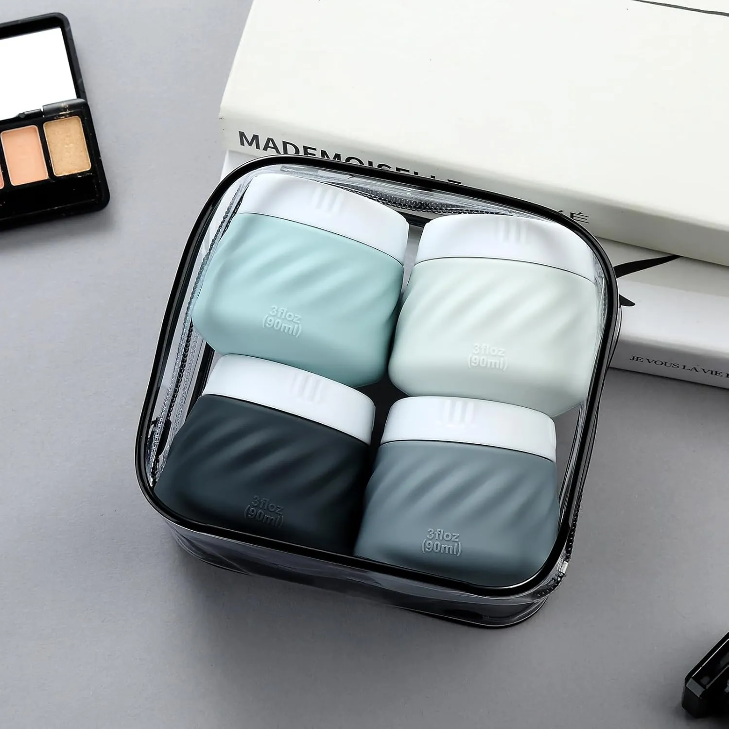 Gemice Travel Containers for Toiletries, Silicone Cream Jars TSA Approved Travel Size Containers with Clear Bag, Leak-proof Travel Accessories with Lid for Cosmetic Face Body Hand Cream (4 Pack)