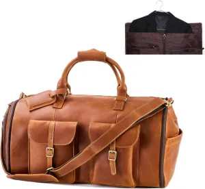 Genuine Leather Convertible Garment Bag with Shoes Compartment Full Grain Leather Carry on Duffle Bag Garment for Men Women Weekender Hanging Business Suitcase for Travel Suit VintageBrown