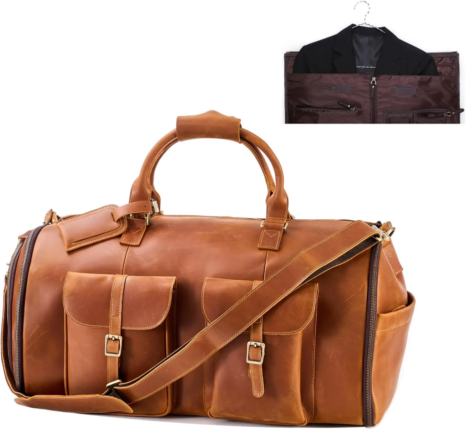Genuine Leather Convertible Garment Bag with Shoes Compartment Full Grain Leather Carry on Duffle Bag Garment for Men Women Weekender Hanging Business Suitcase for Travel Suit VintageBrown