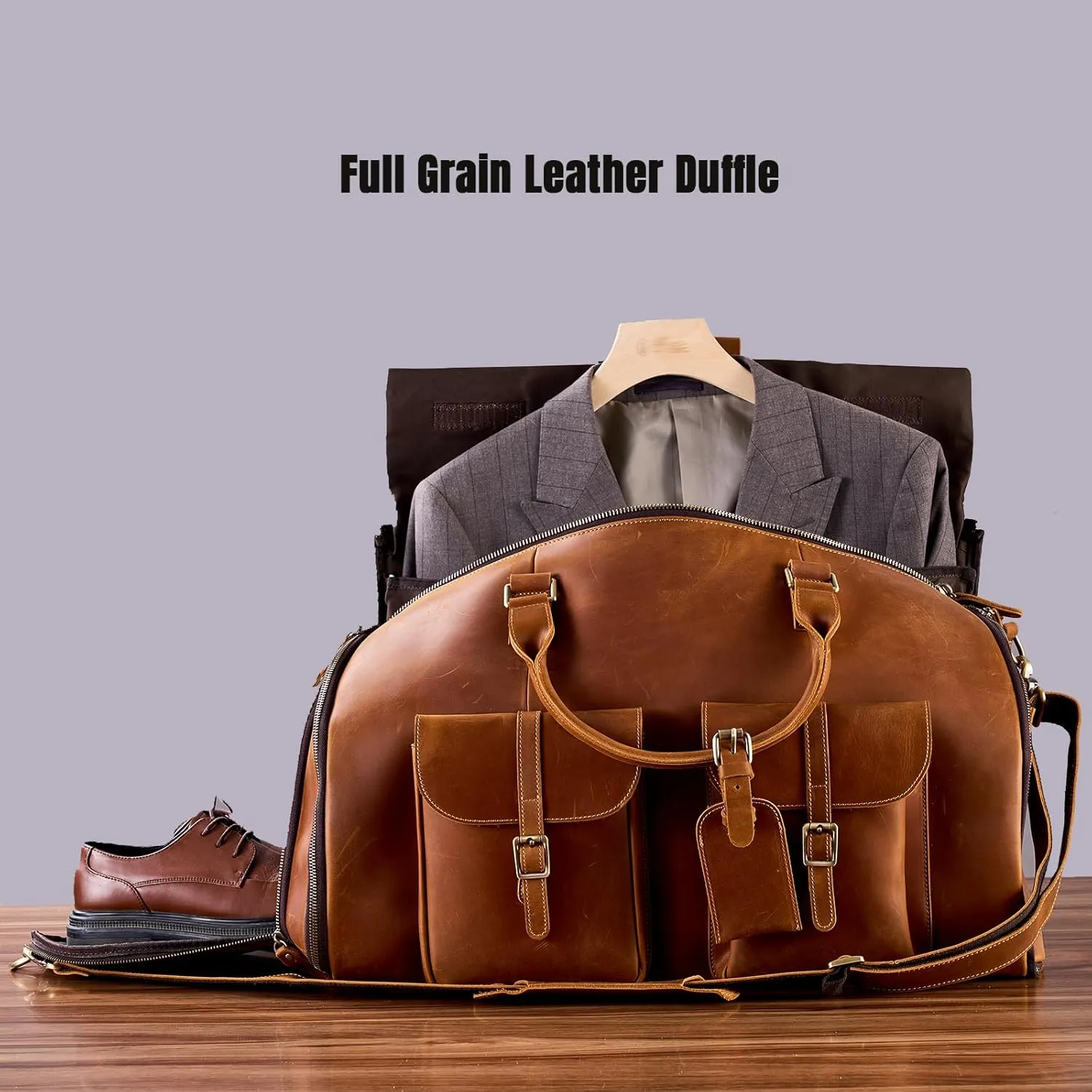 Genuine Leather Convertible Garment Bag with Shoes Compartment Full Grain Leather Carry on Duffle Bag Garment for Men Women Weekender Hanging Business Suitcase for Travel Suit VintageBrown