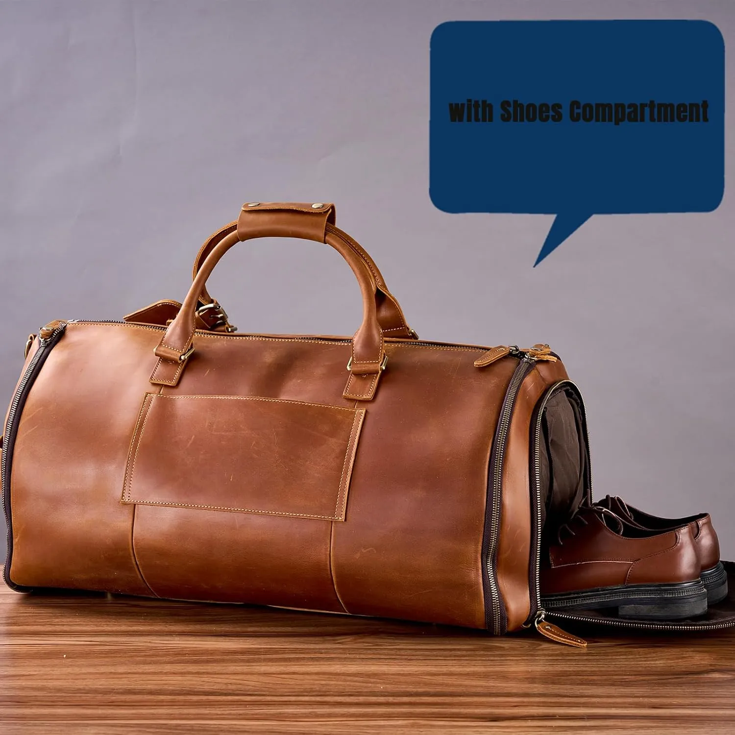 Genuine Leather Convertible Garment Bag with Shoes Compartment Full Grain Leather Carry on Duffle Bag Garment for Men Women Weekender Hanging Business Suitcase for Travel Suit VintageBrown