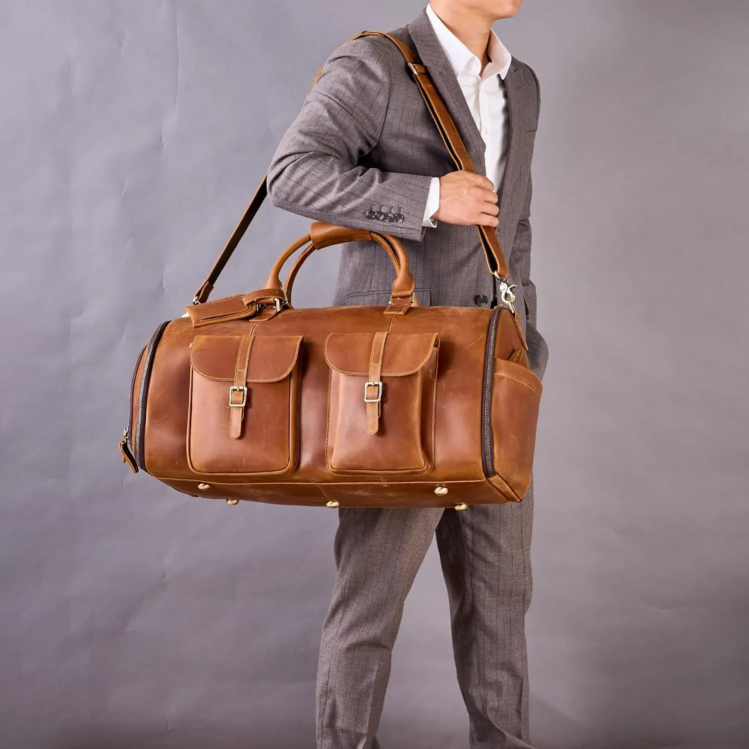 Genuine Leather Convertible Garment Bag with Shoes Compartment Full Grain Leather Carry on Duffle Bag Garment for Men Women Weekender Hanging Business Suitcase for Travel Suit VintageBrown