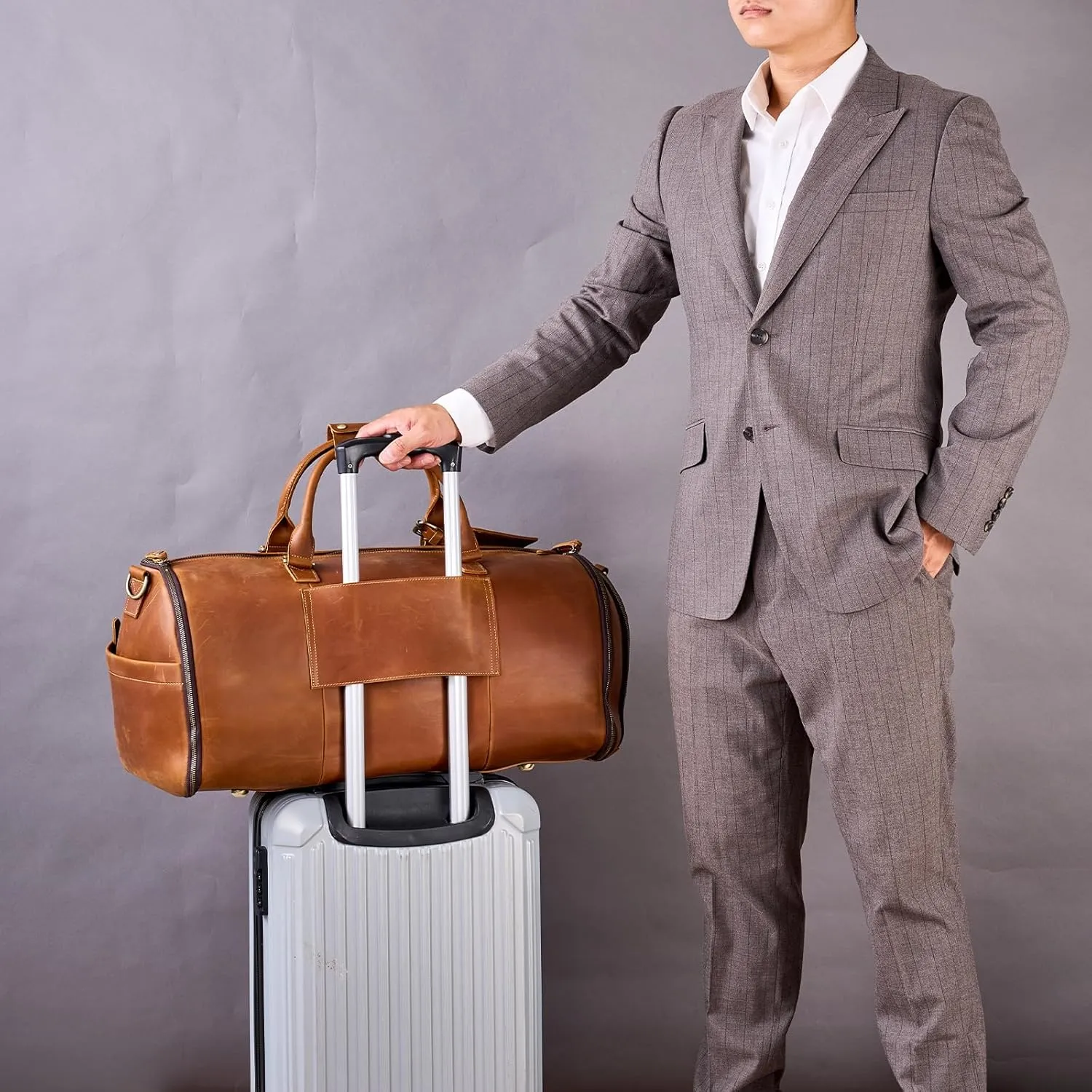 Genuine Leather Convertible Garment Bag with Shoes Compartment Full Grain Leather Carry on Duffle Bag Garment for Men Women Weekender Hanging Business Suitcase for Travel Suit VintageBrown
