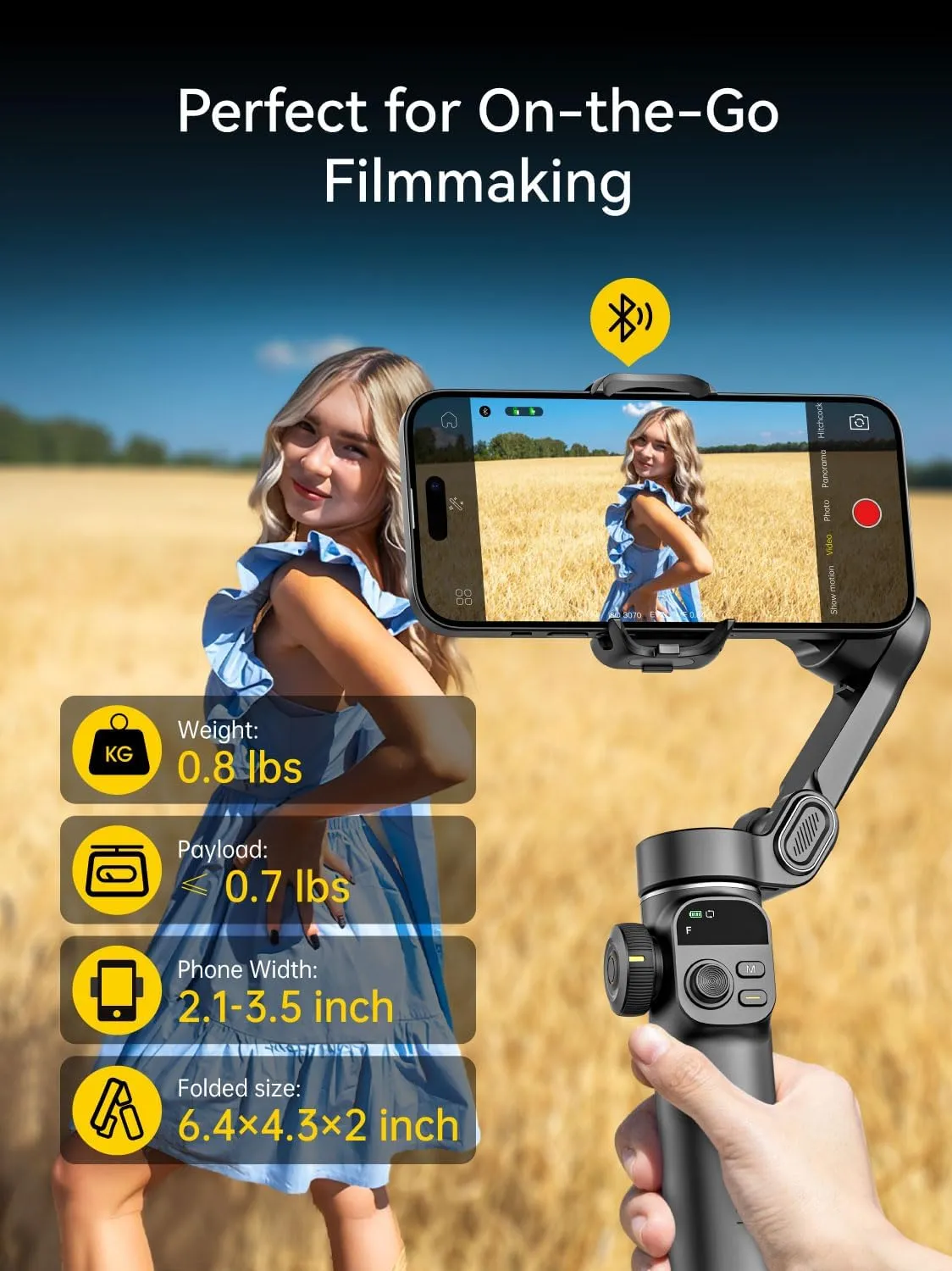 Gimbal Stabilizer for iPhone, 3-Axis Phone Gimbal Built in 7.8' Extension Rod, Portable Stabilizer w/OLED Display for iPhone/Android, Perfect for TikTok YouTube Vlogging-Smart X2 Black