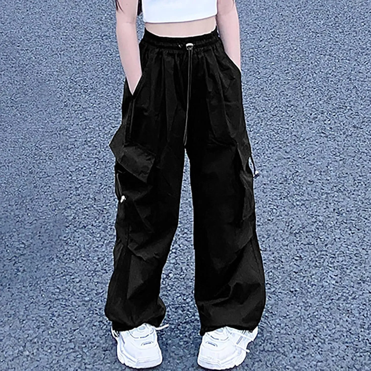Girls Parachute Cargo Pants Elastic High Waist Drawstring Jogger Trousers Y2k Casual Loose Aesthetic Streetwear Sweatpants