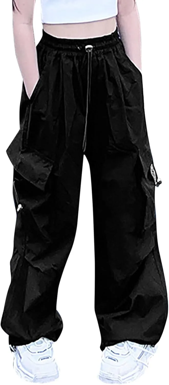 Girls Parachute Cargo Pants Elastic High Waist Drawstring Jogger Trousers Y2k Casual Loose Aesthetic Streetwear Sweatpants