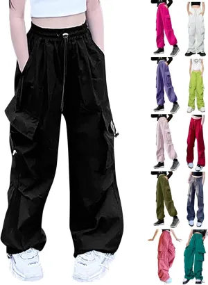 Girls Parachute Cargo Pants Elastic High Waist Drawstring Jogger Trousers Y2k Casual Loose Aesthetic Streetwear Sweatpants