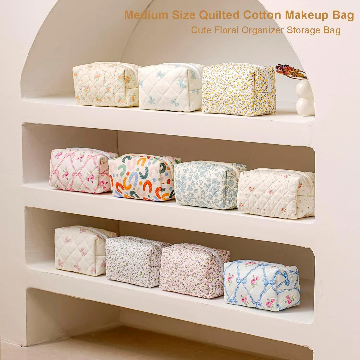 Gleyemor 2 Pieces Quilted Makeup Bag, Cute Floral Cosmetic Bag for Women, Cotton Make Up Bag Set, Flower Travel Toiletry Bag Tote Pouch Organizer (Pink Floral  Pink Rose)