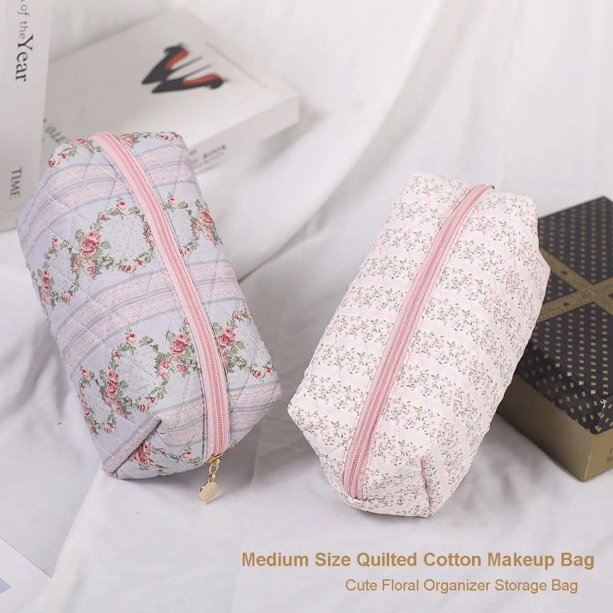 Gleyemor 2 Pieces Quilted Makeup Bag, Cute Floral Cosmetic Bag for Women, Cotton Make Up Bag Set, Flower Travel Toiletry Bag Tote Pouch Organizer (Pink Floral  Pink Rose)
