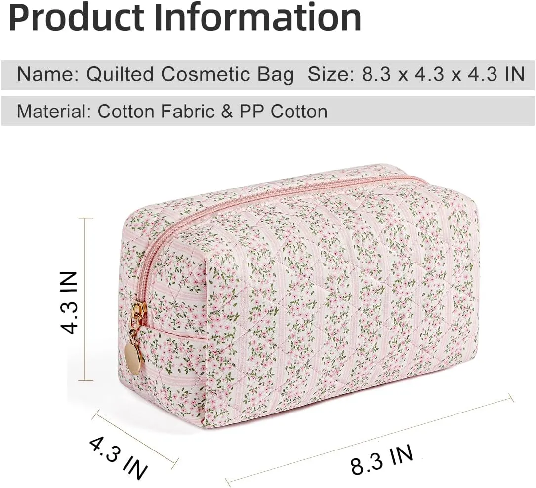 Gleyemor 2 Pieces Quilted Makeup Bag, Cute Floral Cosmetic Bag for Women, Cotton Make Up Bag Set, Flower Travel Toiletry Bag Tote Pouch Organizer (Pink Floral  Pink Rose)