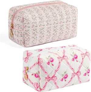Gleyemor 2 Pieces Quilted Makeup Bag, Cute Floral Cosmetic Bag for Women, Cotton Make Up Bag Set, Flower Travel Toiletry Bag Tote Pouch Organizer (Pink Floral  Pink Rose)