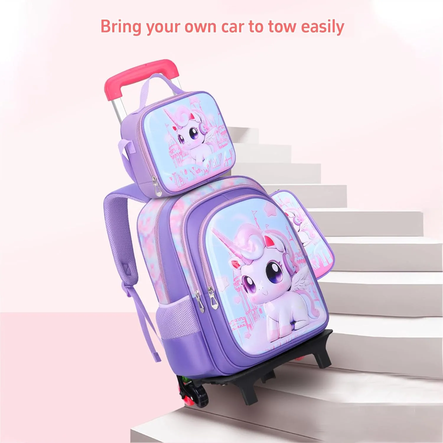 GLOOMALL Cute Rolling Backpack Three-piece Set with Lunch Bag School Girls Boys, Lightweight Trolley Travel Bag with 6 Wheels Classic Roller Luggage (Purple bow)