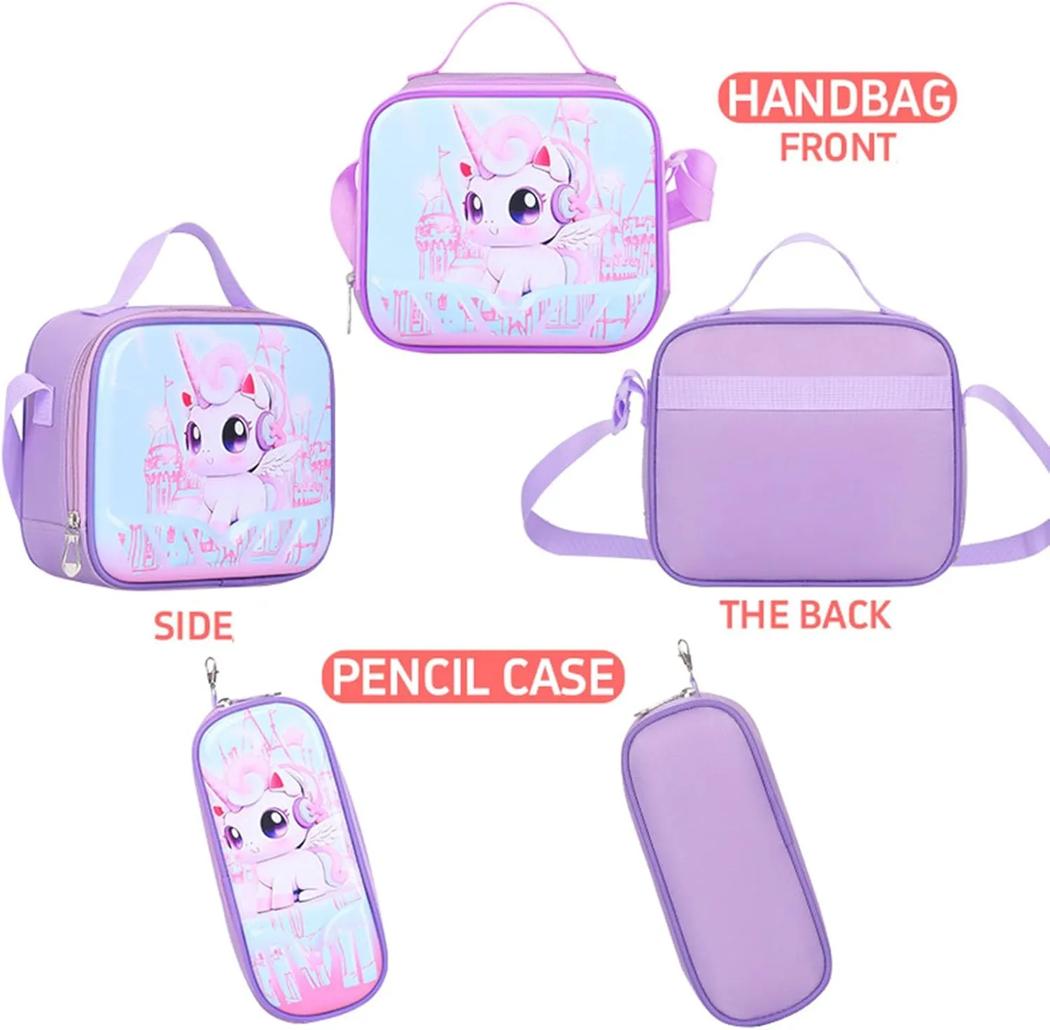 GLOOMALL Cute Rolling Backpack Three-piece Set with Lunch Bag School Girls Boys, Lightweight Trolley Travel Bag with 6 Wheels Classic Roller Luggage (Purple bow)