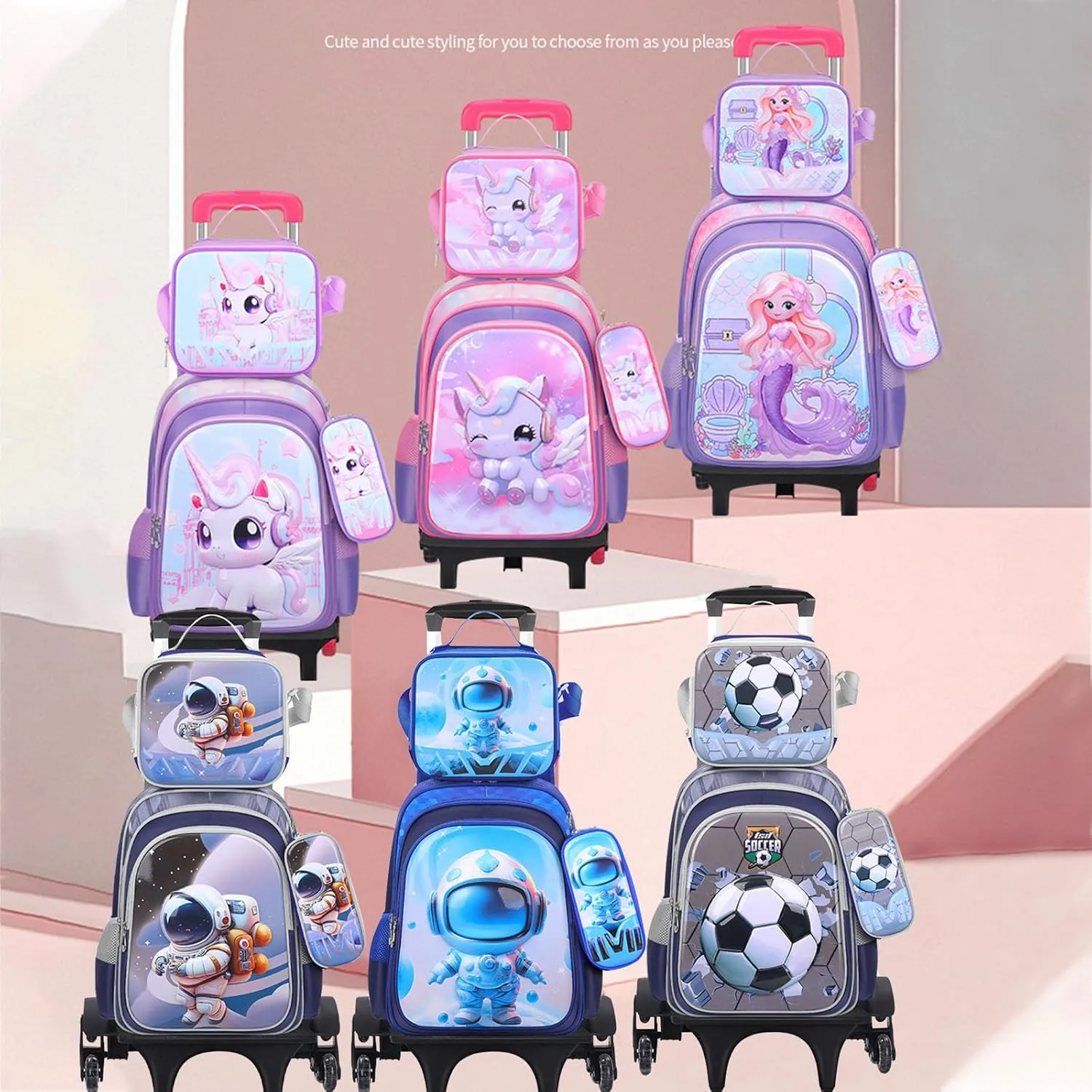 GLOOMALL Cute Rolling Backpack Three-piece Set with Lunch Bag School Girls Boys, Lightweight Trolley Travel Bag with 6 Wheels Classic Roller Luggage (Purple bow)