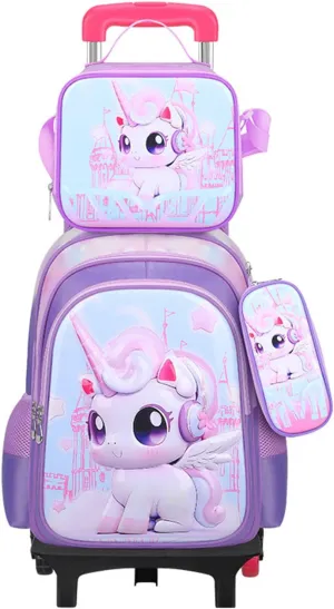 GLOOMALL Cute Rolling Backpack Three-piece Set with Lunch Bag School Girls Boys, Lightweight Trolley Travel Bag with 6 Wheels Classic Roller Luggage (Purple bow)