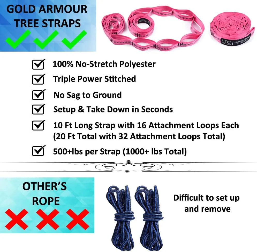 Gold Armour Camping Hammock - XL Double Hammock Portable Hammock Camping Accessories Gear for Outdoor Indoor with Tree Straps, USA Based Brand (Gray and Rose)