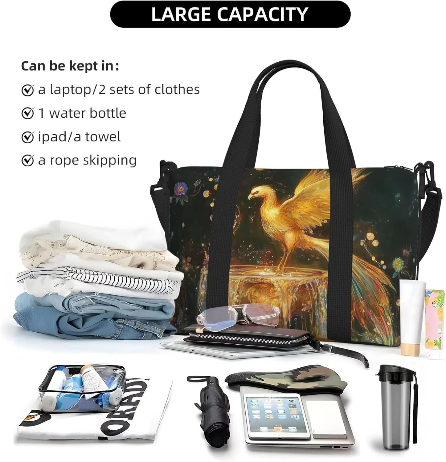 golden phoenix print Travel Duffel Bag, Sports Tote Gym Bag, Swim Pool Bag Large Shoulder Tote Bag for Beach Weekender