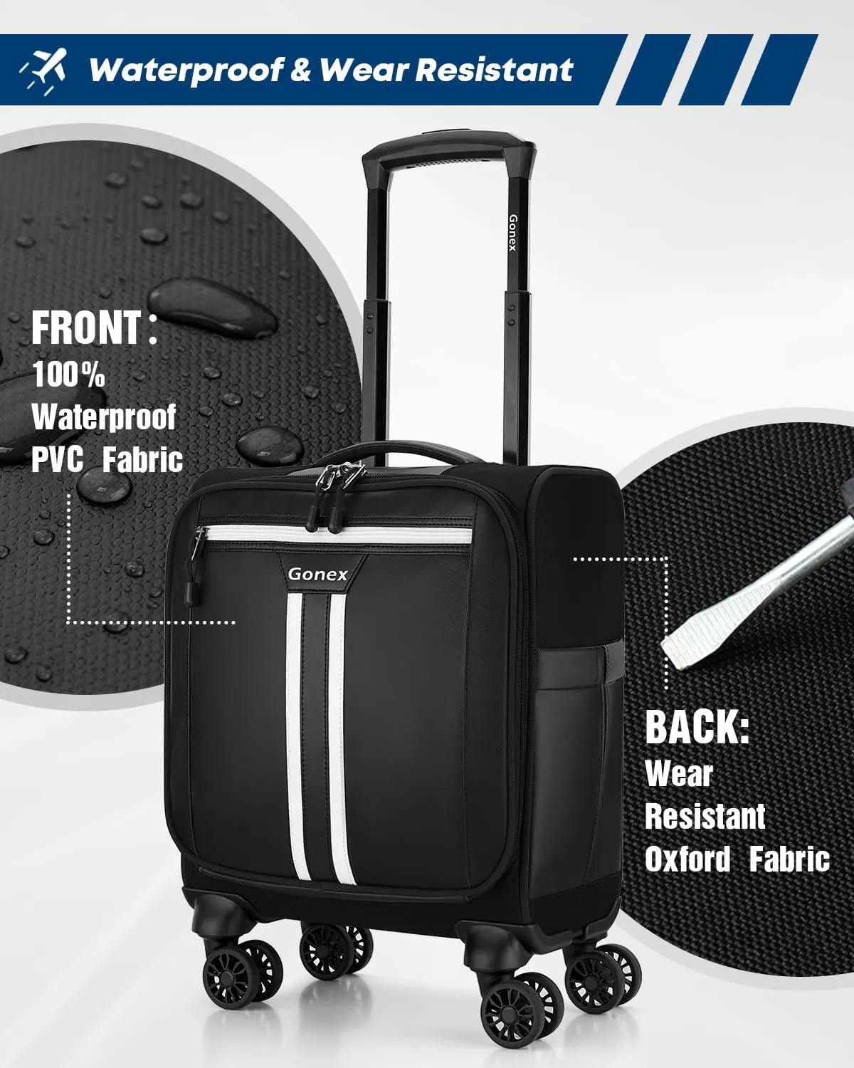 Gonex 16 inch Underseat Carry On Luggage with Spinner Wheels, Water Resistant PVC Wheeled Travel Bag Airline Approved, Softside Small Rolling Personal Item Suitcase for Men Women, Black