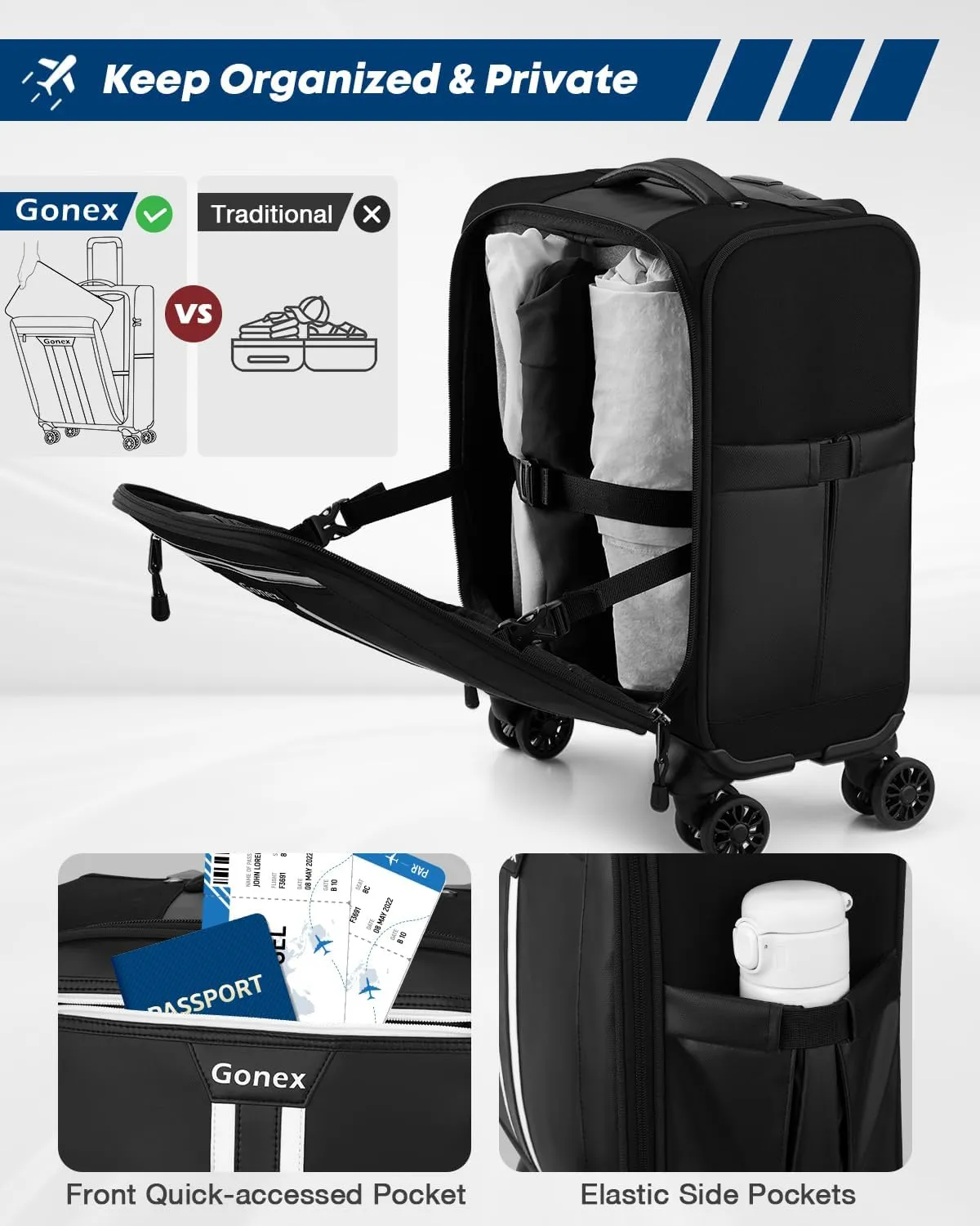 Gonex 16 inch Underseat Carry On Luggage with Spinner Wheels, Water Resistant PVC Wheeled Travel Bag Airline Approved, Softside Small Rolling Personal Item Suitcase for Men Women, Black
