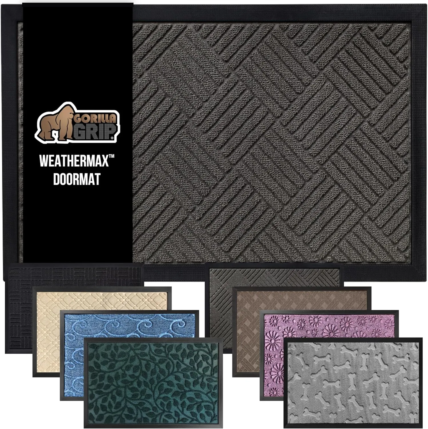 GORILLA GRIP 100% Waterproof All-Season WeatherMax Doormat, Durable Natural Rubber, Stain and Fade Resistant, Low Profile, Indoor Outdoor Door Mats, Easy Clean Patio Entrance Mat, 17x29, Gray Diamond