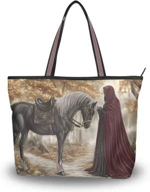 Gothic Knight Women Tote Bag with Zipper, Patterned Handbag Purse Reusable Grocery Bag Large