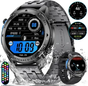 GPS Smart Watch for Men-5ATM/IP69K Waterproof,45 Days Standby(500mAh),1.43" AMOLED Rugged Military Smartwatch with Compass Barometric Altitude,170  Sport Modes Smart Watches for Android iPhones