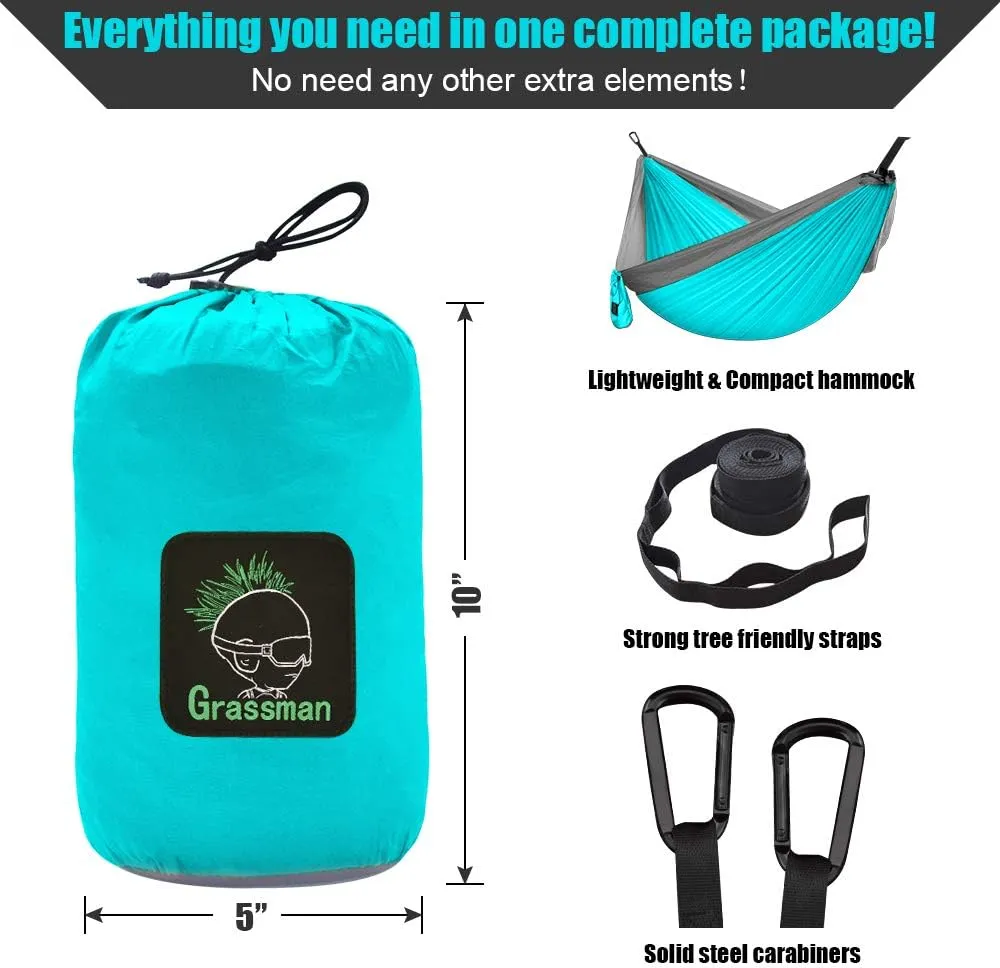 Grassman Camping Hammock Double & Single Portable Hammock with Tree Straps, Lightweight Nylon Parachute Hammocks Camping Accessories Gear for Indoor Outdoor Backpacking, Travel, Hiking, Beach
