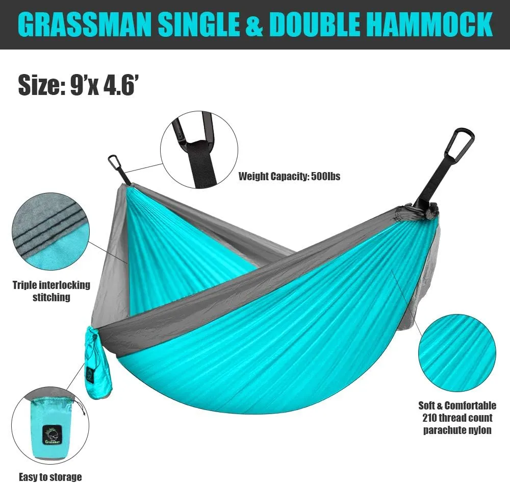 Grassman Camping Hammock Double & Single Portable Hammock with Tree Straps, Lightweight Nylon Parachute Hammocks Camping Accessories Gear for Indoor Outdoor Backpacking, Travel, Hiking, Beach