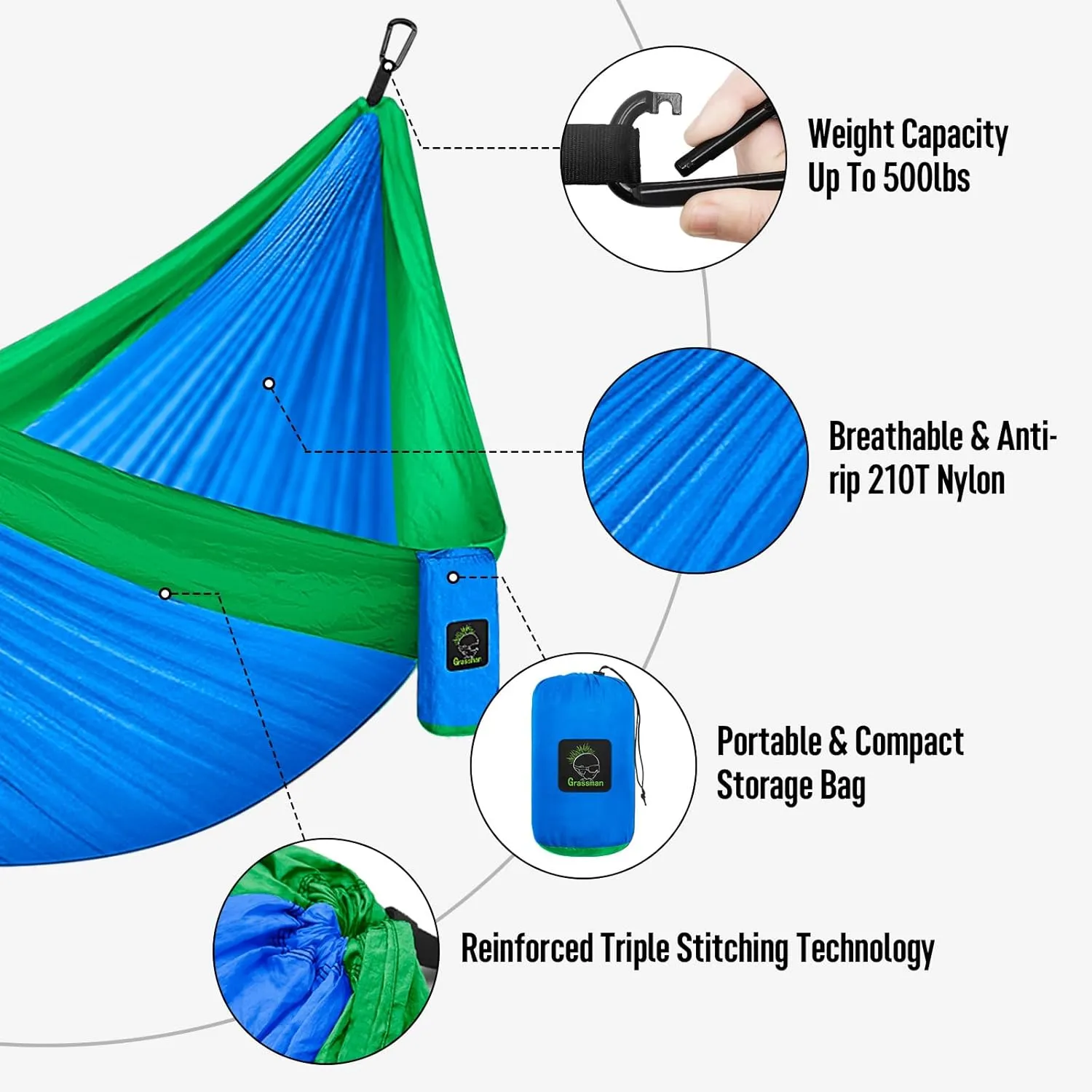 Grassman Camping Hammock Double & Single Portable Hammock with Tree Straps, Lightweight Nylon Parachute Hammocks Camping Accessories Gear for Indoor Outdoor Backpacking, Travel, Hiking, Beach