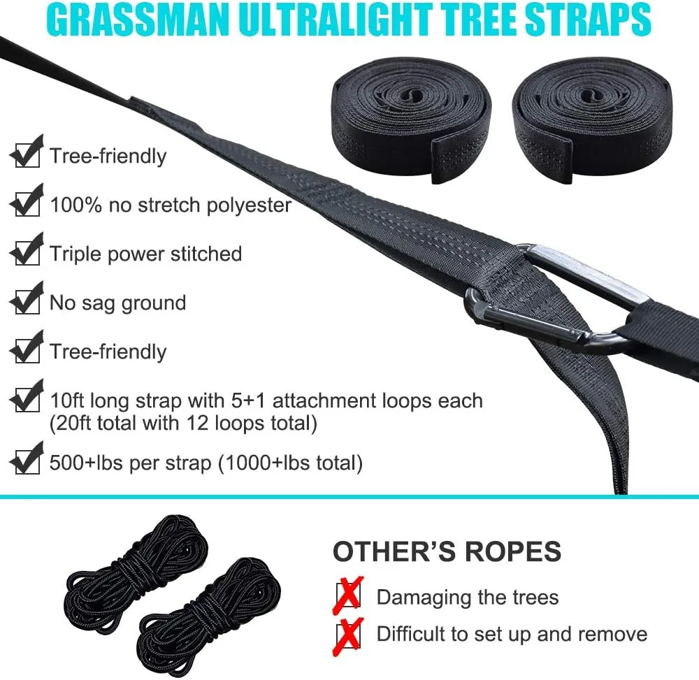 Grassman Camping Hammock Double & Single Portable Hammock with Tree Straps, Lightweight Nylon Parachute Hammocks Camping Accessories Gear for Indoor Outdoor Backpacking, Travel, Hiking, Beach