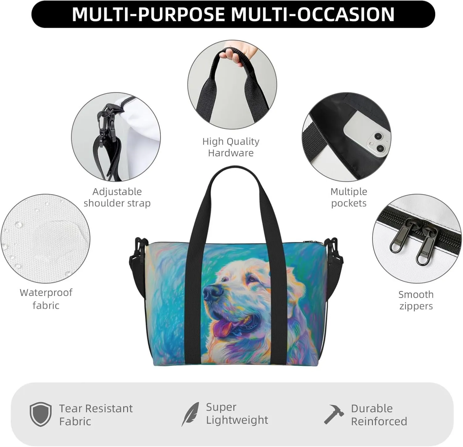 Great Pyren print Travel Duffel Bag, Sports Tote Gym Bag, Swim Pool Bag Large Shoulder Tote Bag for Beach Weekender