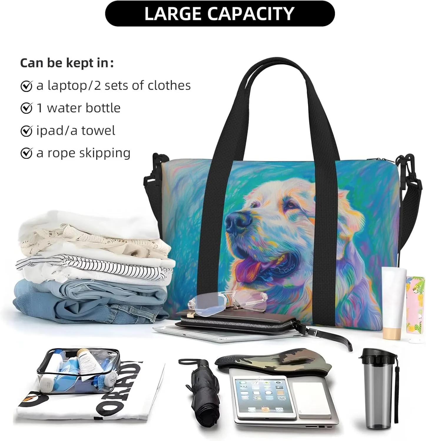 Great Pyren print Travel Duffel Bag, Sports Tote Gym Bag, Swim Pool Bag Large Shoulder Tote Bag for Beach Weekender