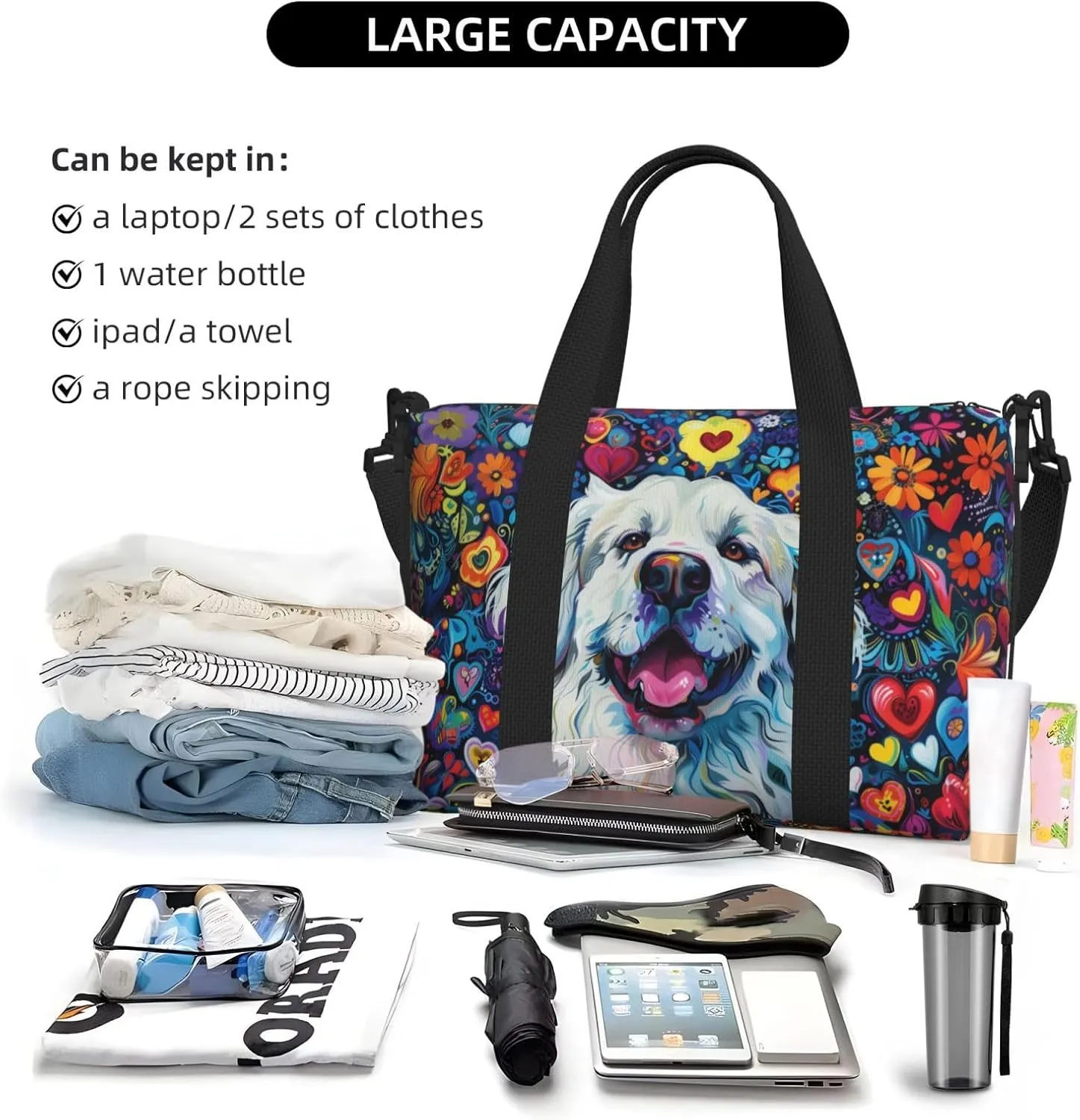 Great Pyrenees print Travel Duffel Bag, Sports Tote Gym Bag, Swim Pool Bag Large Shoulder Tote Bag for Beach Weekender, 202-406-121
