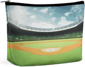 Green Baseball Field Backdrop PU Leather Travel Makeup Bag Mini Pocket Cosmetic Bag for Women Portable Handbag Closure Organizer Makeup Case Toiletry Bag
