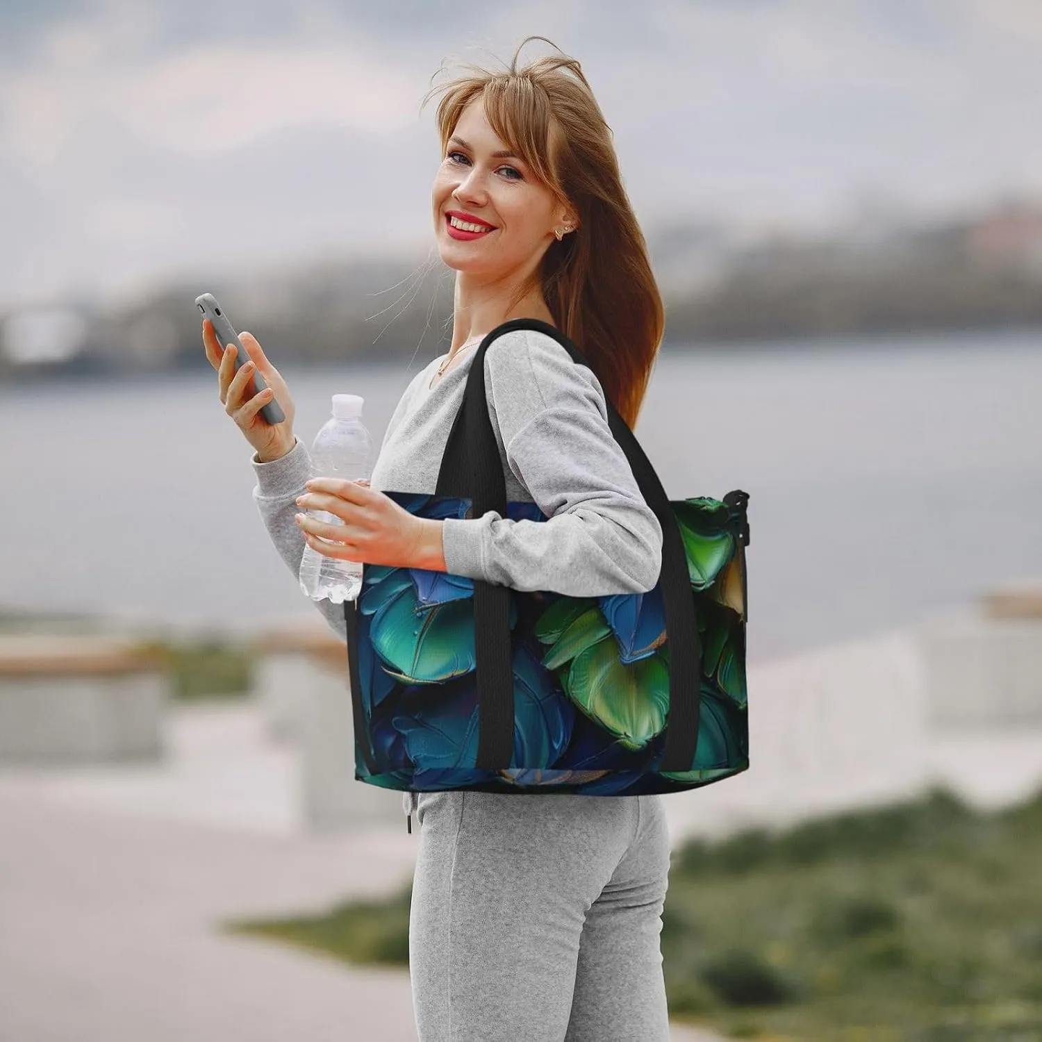 green blue plumage print Travel Duffel Bag, Sports Tote Gym Bag, Swim Pool Bag Large Shoulder Tote Bag for Beach Weekender