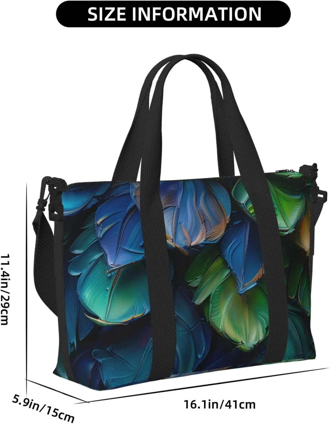 green blue plumage print Travel Duffel Bag, Sports Tote Gym Bag, Swim Pool Bag Large Shoulder Tote Bag for Beach Weekender