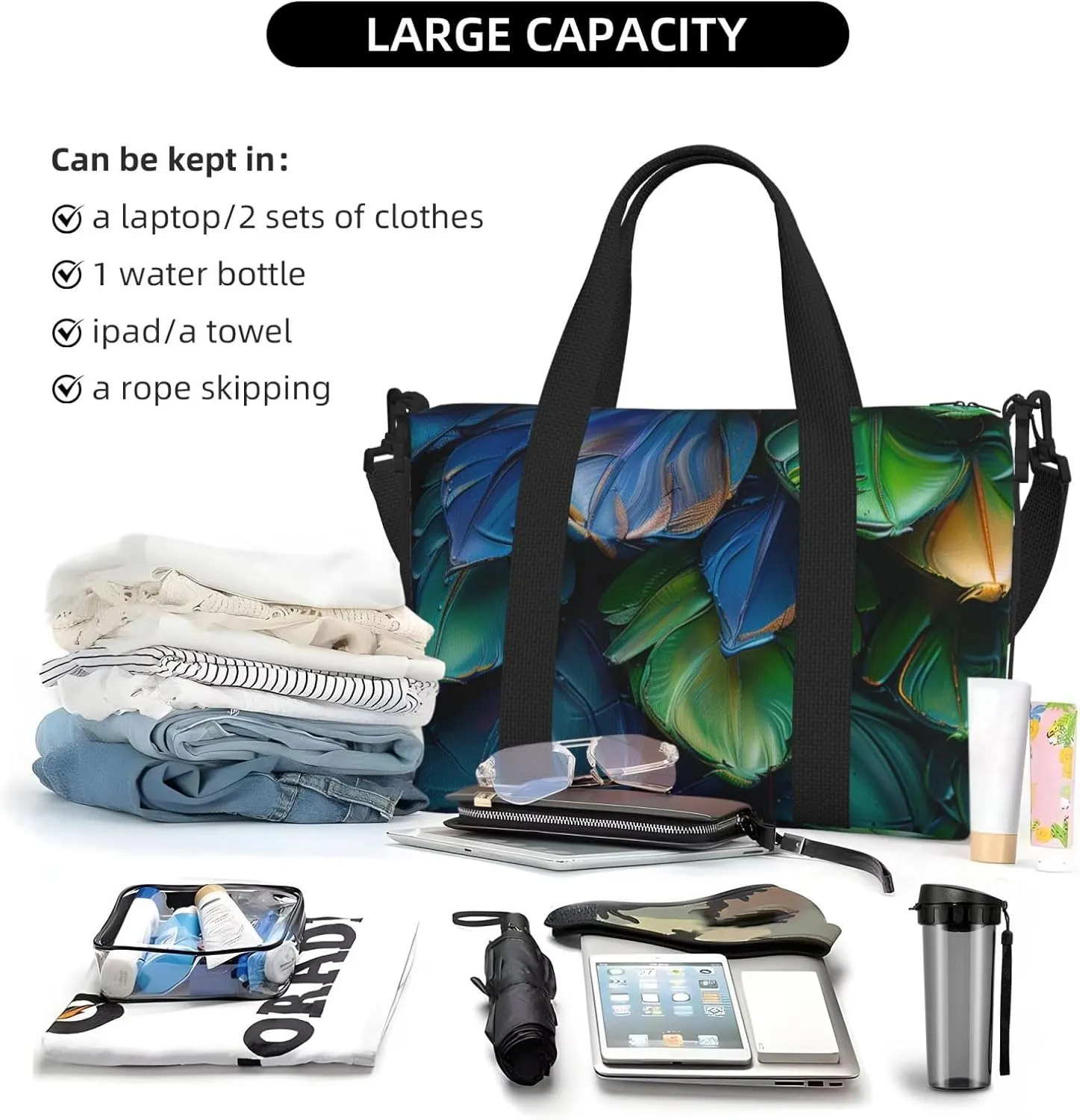 green blue plumage print Travel Duffel Bag, Sports Tote Gym Bag, Swim Pool Bag Large Shoulder Tote Bag for Beach Weekender