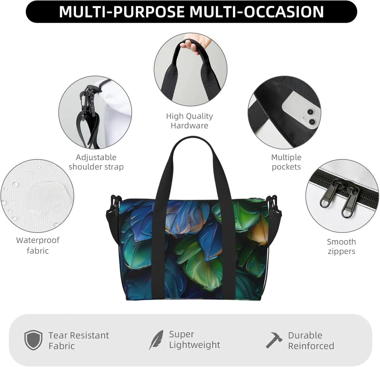 green blue plumage print Travel Duffel Bag, Sports Tote Gym Bag, Swim Pool Bag Large Shoulder Tote Bag for Beach Weekender