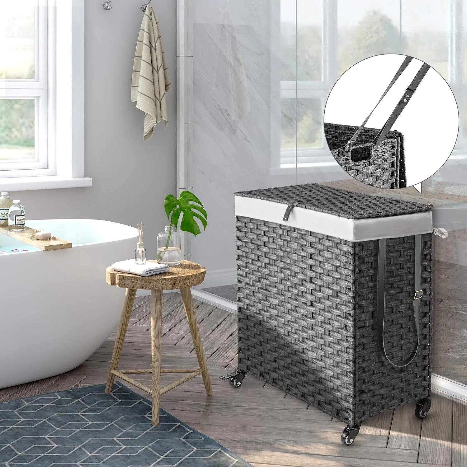 Greenstell Laundry Hamper with Wheels, No Install Needed, 110L Divided Handwoven Hampers & 2 Removable Liner Bags, Rattan Clothes Laundry Basket with Lid & Handles, Foldable Hampers Gray 22x13x26.4 In