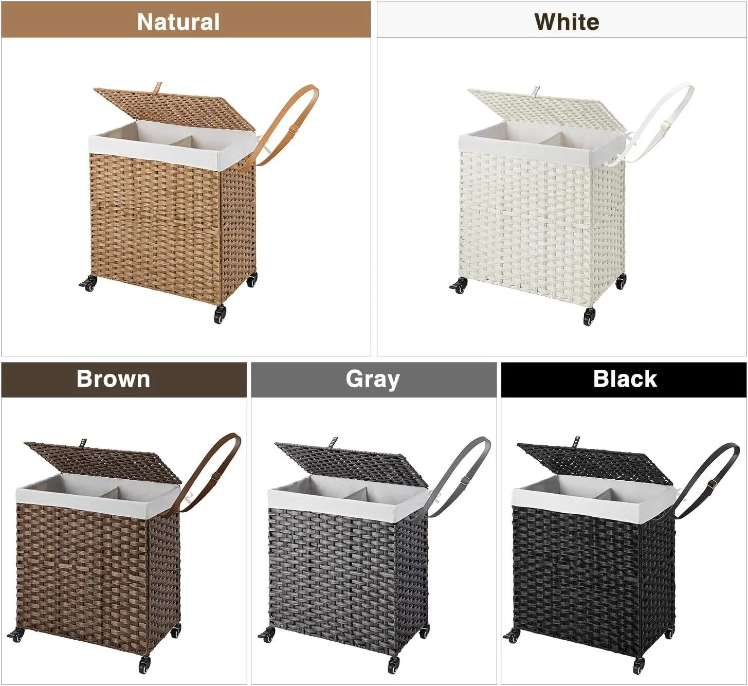 Greenstell Laundry Hamper with Wheels, No Install Needed, 110L Divided Handwoven Hampers & 2 Removable Liner Bags, Rattan Clothes Laundry Basket with Lid & Handles, Foldable Hampers Gray 22x13x26.4 In