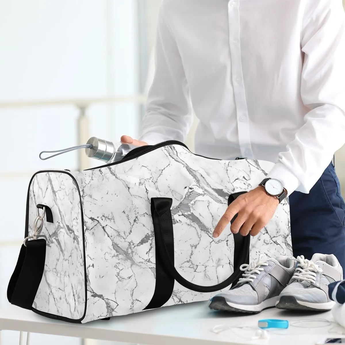 Grey White Marble Travel Duffle Bag for Women Men Gym Duffel Foldable Bag Waterproof Weekender Marble Duffle Tote