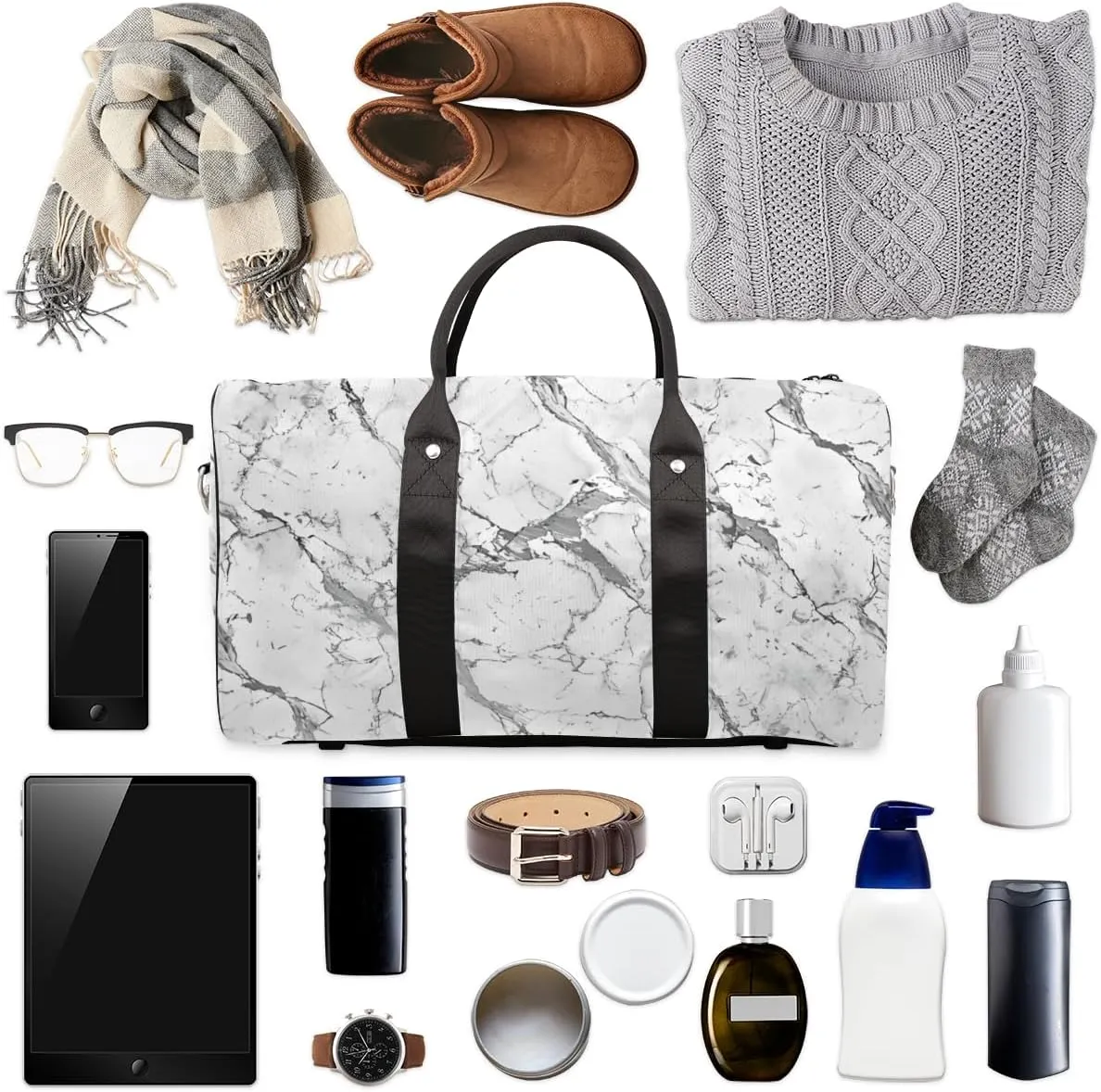 Grey White Marble Travel Duffle Bag for Women Men Gym Duffel Foldable Bag Waterproof Weekender Marble Duffle Tote