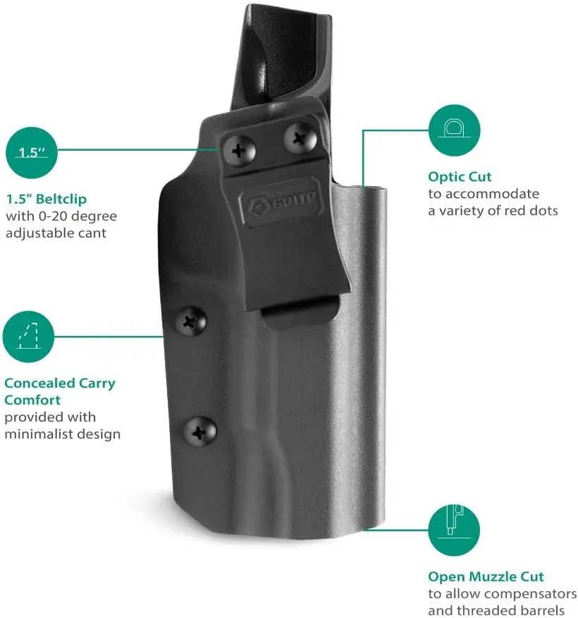 GRITR IWB Kydex Right/Left Hand Handgun Holster for Men & Women Concealed Carry Compatible with 1911 Models | Open Bottom, Optic Cut & Adjustable Retention