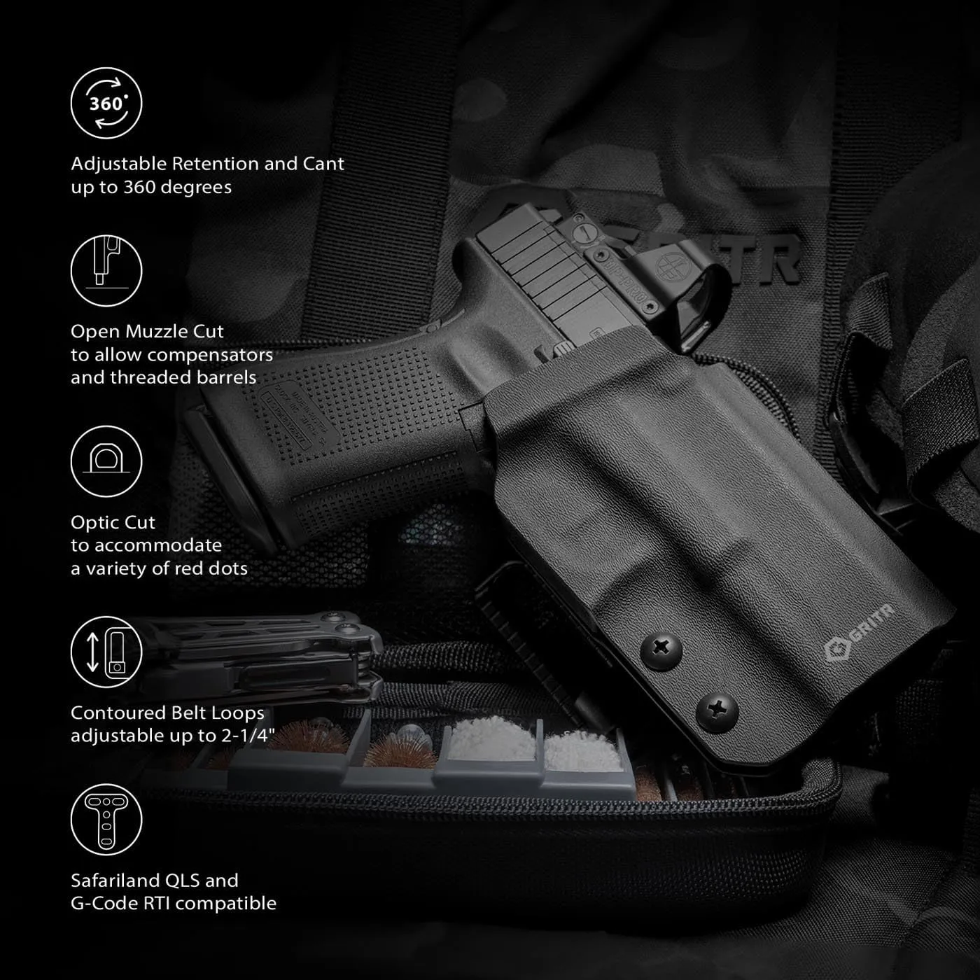 GRITR OWB Kydex Right/Left Hand Gun Holster Fits Glock 19 - Optic Cut, Compatible with Safariland QLS/G-Code RTI Attachments, Adjustable Belt Loops, Open Bottom, Adjustable Cant