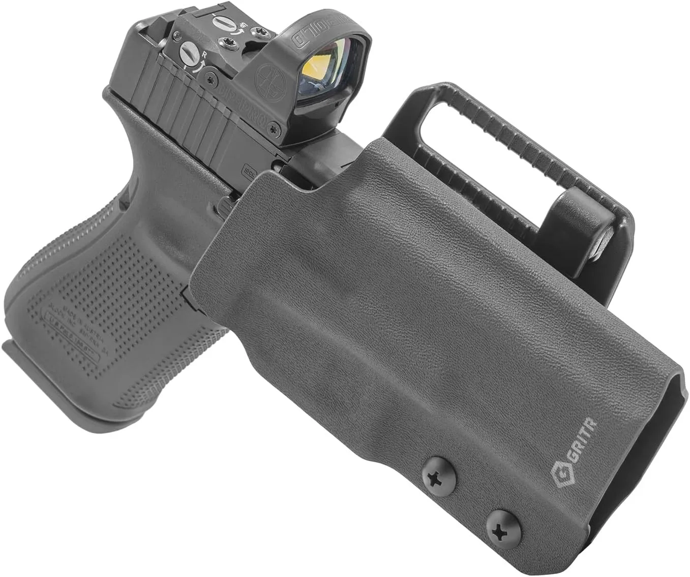 GRITR OWB Kydex Right/Left Hand Gun Holster Fits Glock 19 - Optic Cut, Compatible with Safariland QLS/G-Code RTI Attachments, Adjustable Belt Loops, Open Bottom, Adjustable Cant