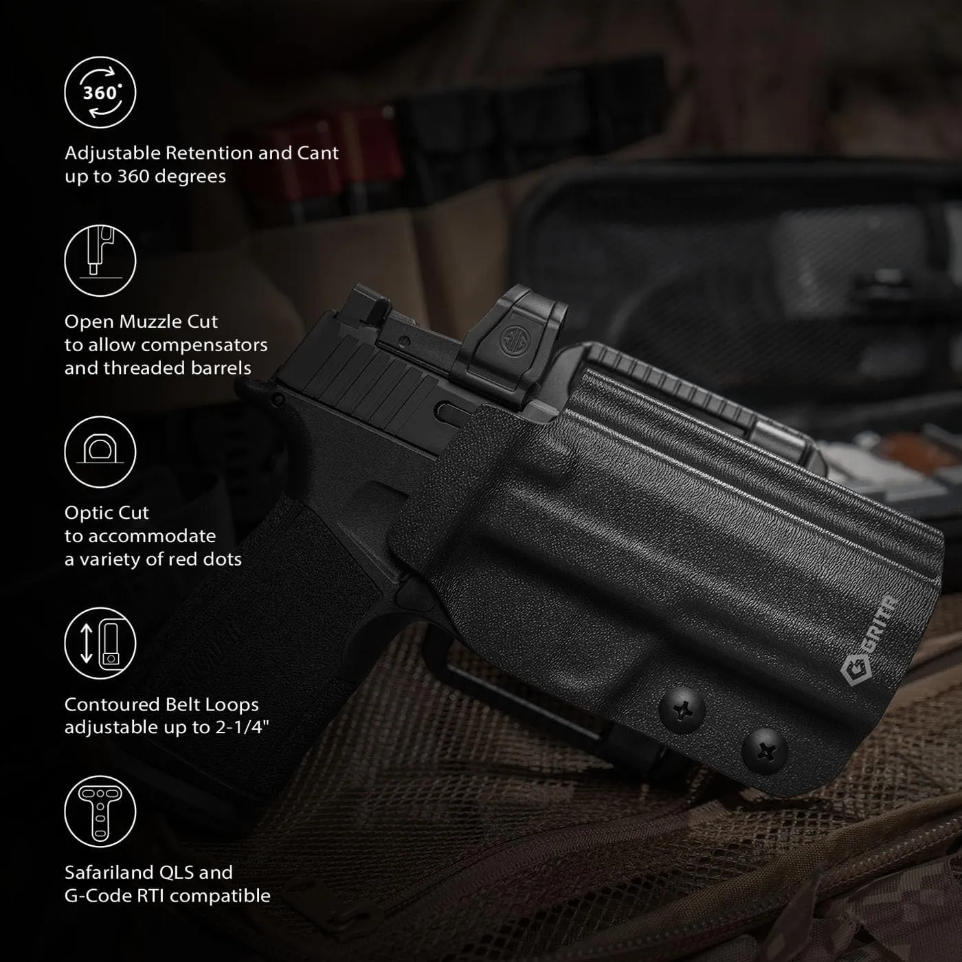 GRITR OWB Kydex Sig Sauer P365-XMACRO Open Carry Pistol Holster for Men & Women w/Optic Cut, Open Bottom, Adjustable Belt Loops, Fits Safariland QLS/G-Code RTI Attachments - Right/Left Hand Options