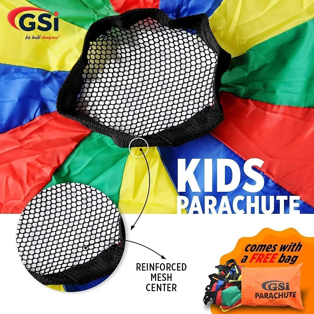 GSi Kids Play Parachute 12 Ft, 16Ft, 20 Ft, Rainbow Parachute Toy Tent Game for Children Gymnastics Cooperative Play and Outdoor Playground Activities