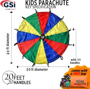 GSi Kids Play Parachute 12 Ft, 16Ft, 20 Ft, Rainbow Parachute Toy Tent Game for Children Gymnastics Cooperative Play and Outdoor Playground Activities