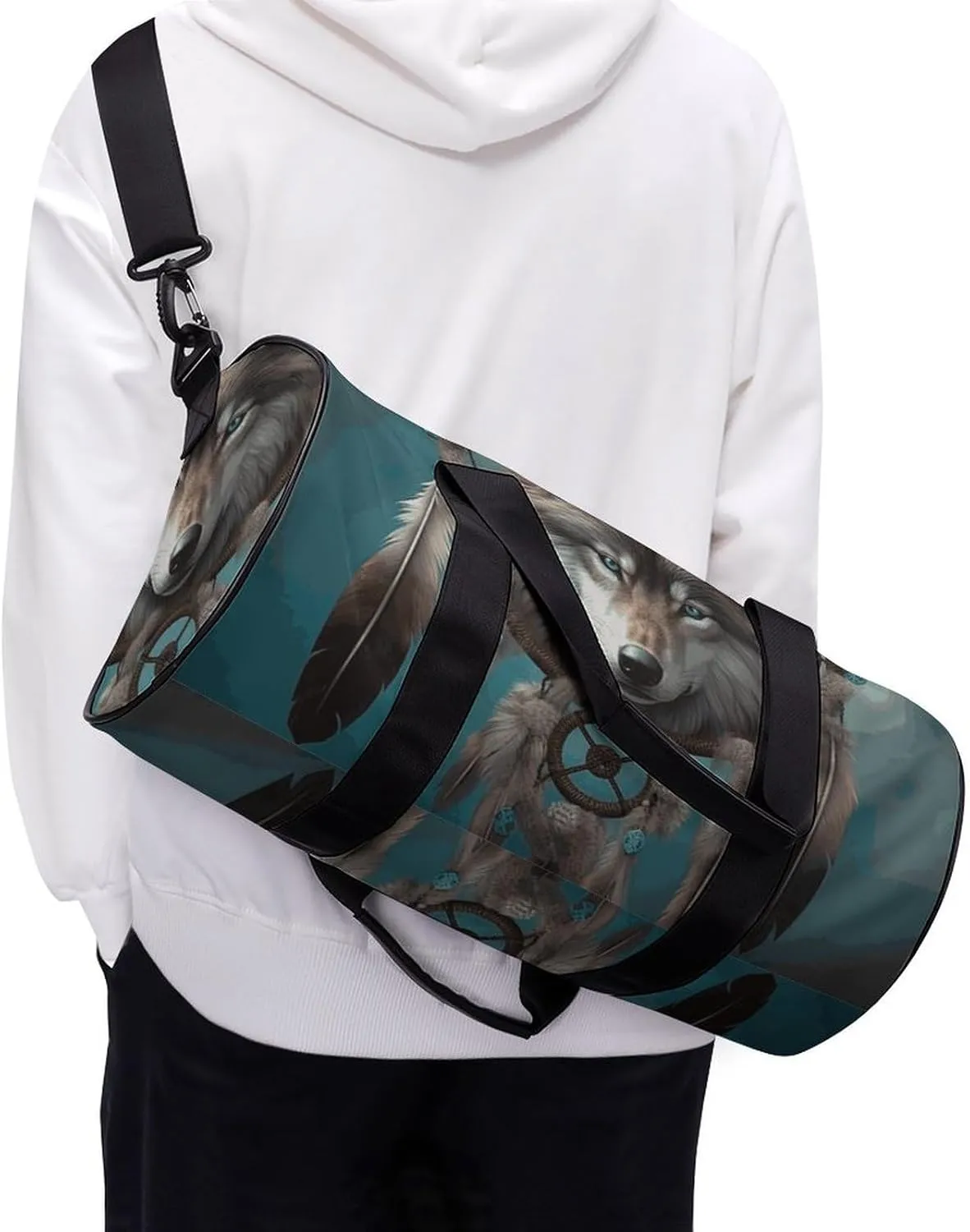 Gym Bag for Men Women 3D Wolf Dream Catcher Duffel Bag Overnight Bag with Compartment Gym Sackpac